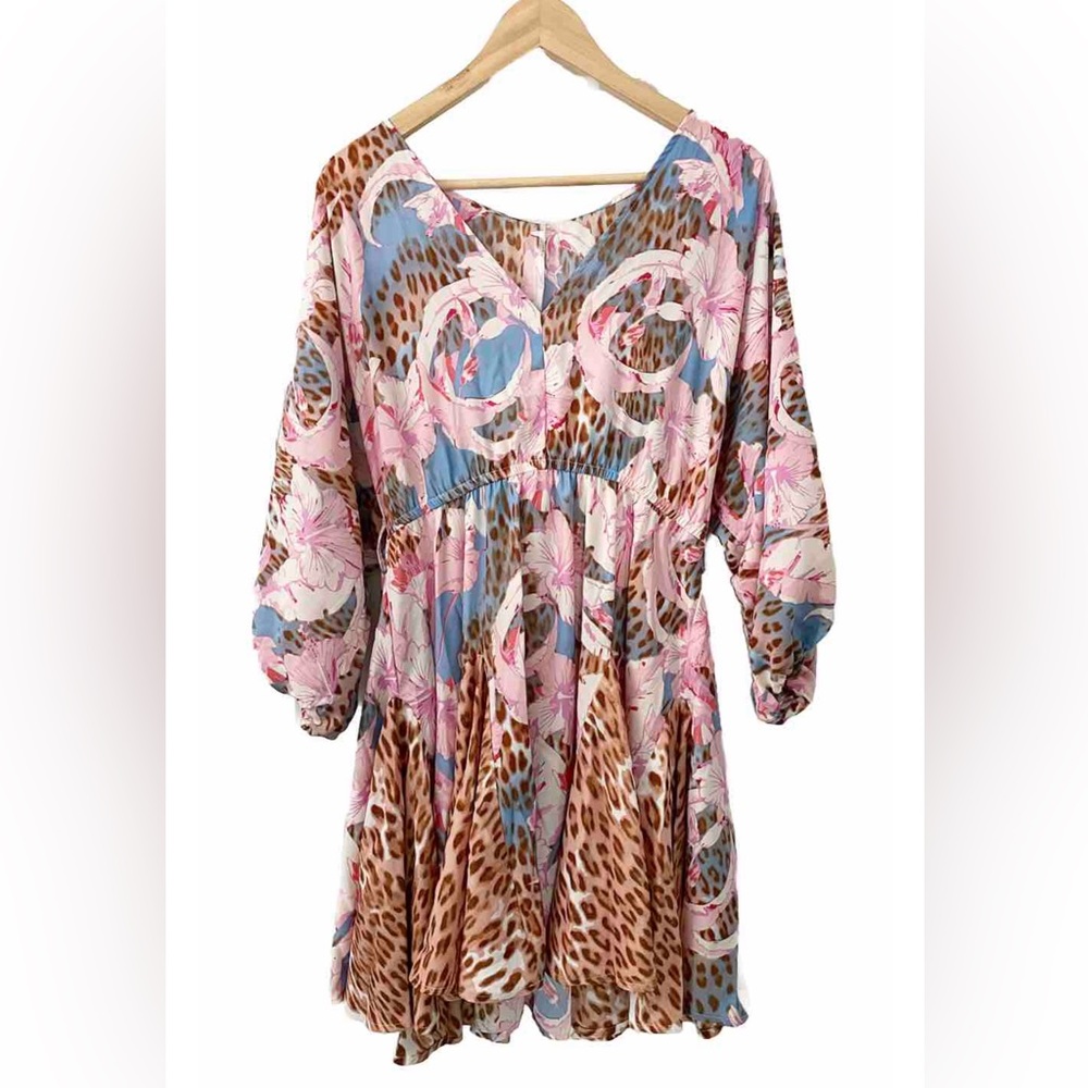 VENUS Long Sleeve Floral and Leopard Dress - Pink and Blue